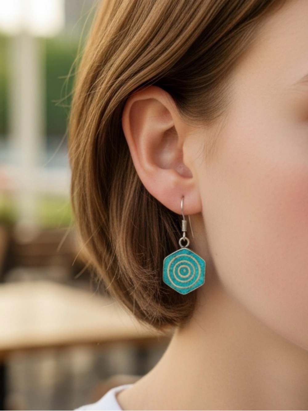 Nepalese Turquoise and Silver Hexagon Dangle Earrings - - Picture 2 of 8